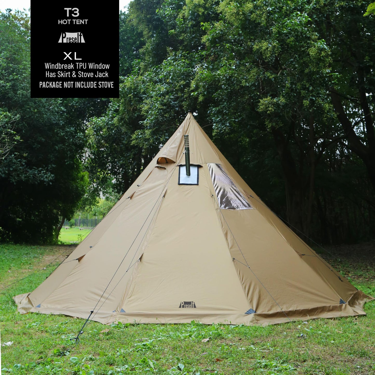 Preself 4~6 Person Tipi Hot Tent T3 XL with Screen Window, Height 8' 6" 2.6m, Diameter 15' 4.6m, for Wood Buring Stove Bushcraft Family Camping Hunting Fishing (Tent)
