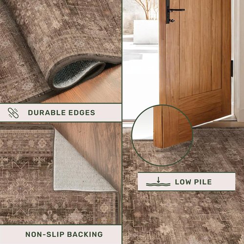 Boho Taupe Brown 3x5 Area Rug - Modern Vintage Washable Non-Slip Entryway Mat for Indoor Use