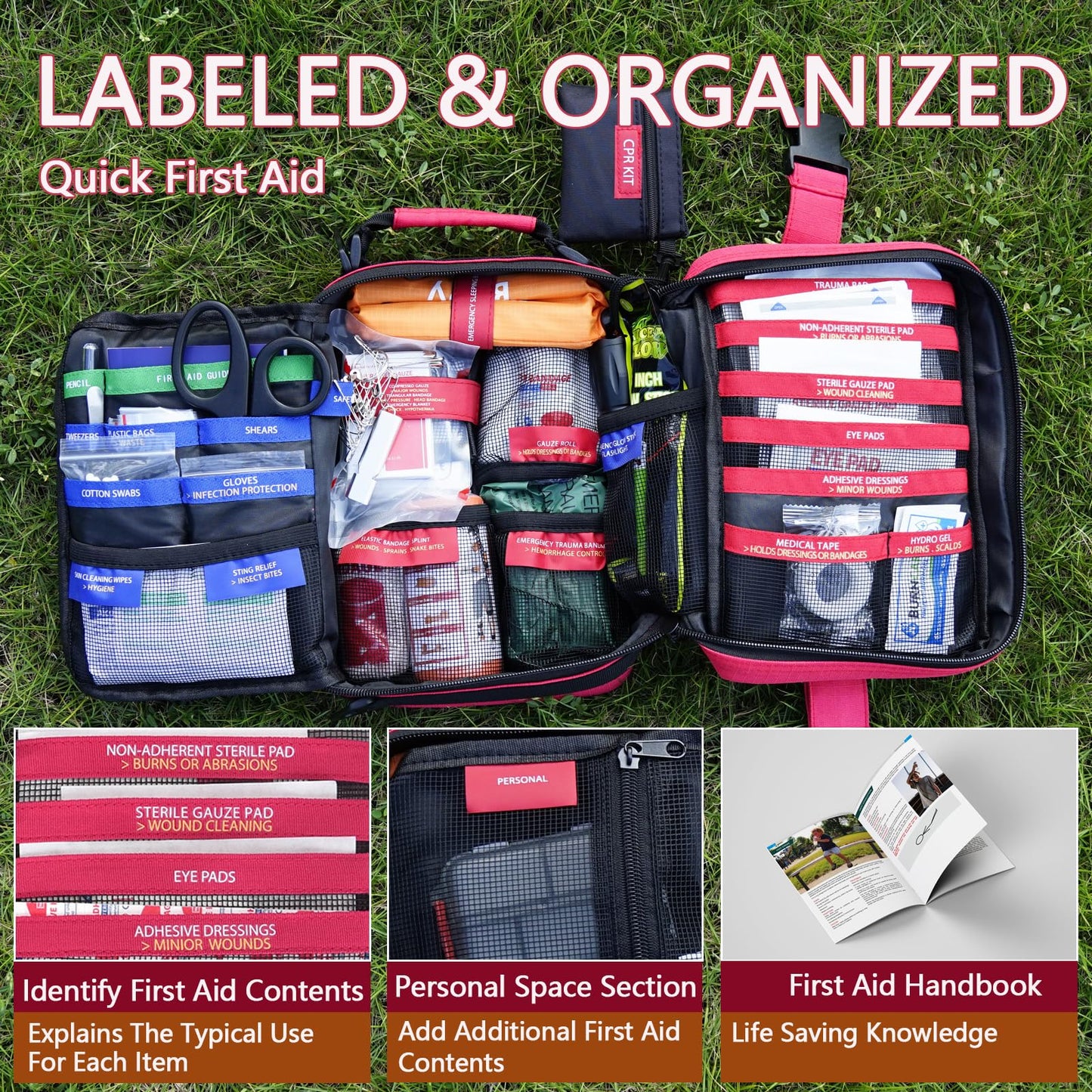 Comprehensive First aid Kits, First Aid Trauma Kit with Labelled Compartments for Cars, Home, Office, Backpacking, Camping, Traveling, and Cycling -324 Pieces