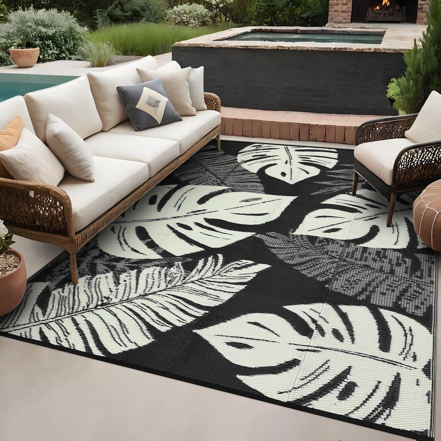 MilleLoom Waterproof Plastic Straw Outdoor Rug 9x18 Patio Reversible UV Resistant Foldable Camping Carpet Modern Leaf Print Large Outdoor Rugs for Deck, Porch, Camper, Balcony, Beach，Black/Beige
