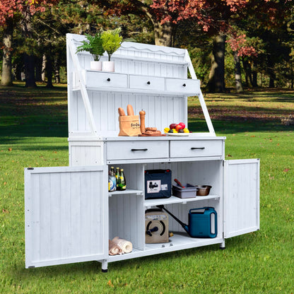 GDFStudio Farmhouse Outdoor Storage Bench Table with Cabinet, Fir Wood Potting Bench Plant Bench, Large Garden Storage Work Bench with Drawers Removable Shelf for Backyard Patio Greenhouse, White