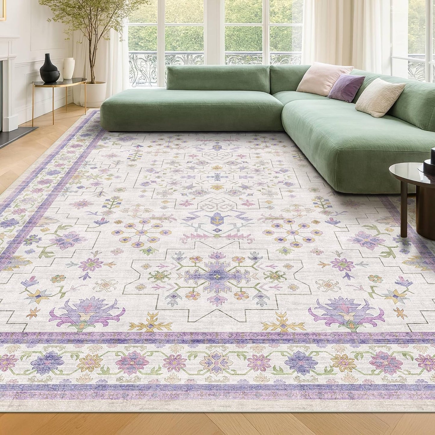 Skiennix 8x10 Large Lavender Area Rug - Floral Design, Non-Slip, Stain Resistant, Washable Carpet