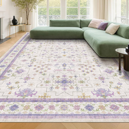 Skiennix 8x10 Large Lavender Area Rug - Floral Design, Non-Slip, Stain Resistant, Washable Carpet