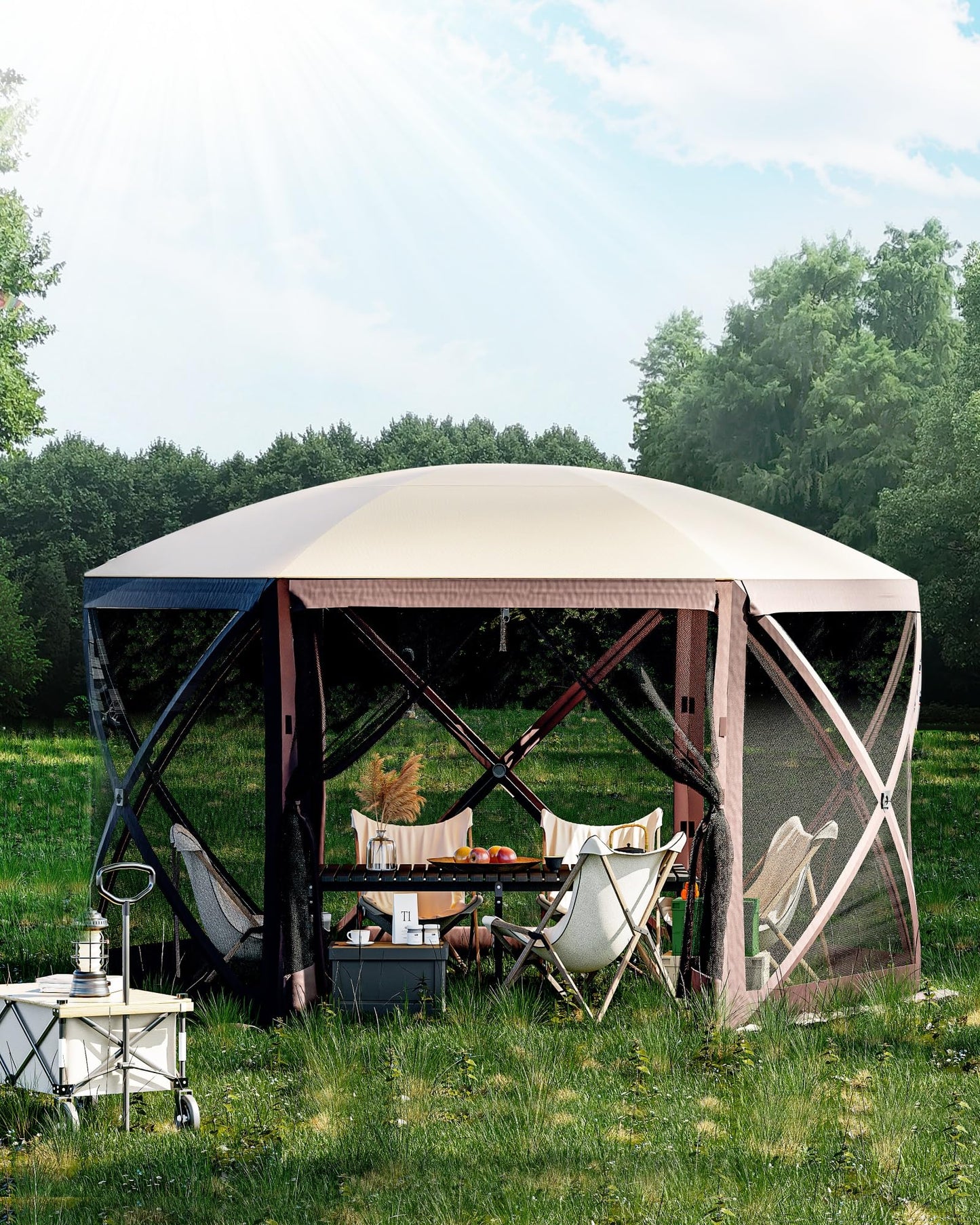 GAOMON Pop up Gazebo Screen Tent 12x12 Ft 6 Sided Screen House Pop Up Canopy Tent with Mesh Windows, Wind Cloths, Mosquito Netting Quick Set Screened In Gazebo for Outdoor Camping Lawn Backyard, Khaki