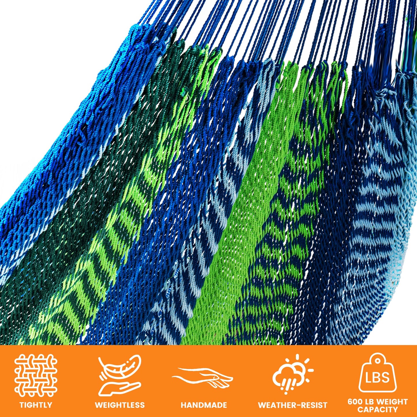 Lazy Daze Hammocks Handwoven Mayan Hammock with Heavy Duty Steel Stand, 10.5 FT Soft Rope Double Hammock for Patio Outside, 550 lbs Weight Capacity, Blue/Green