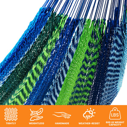 Lazy Daze Hammocks Handwoven Mayan Hammock with Heavy Duty Steel Stand, 10.5 FT Soft Rope Double Hammock for Patio Outside, 550 lbs Weight Capacity, Blue/Green