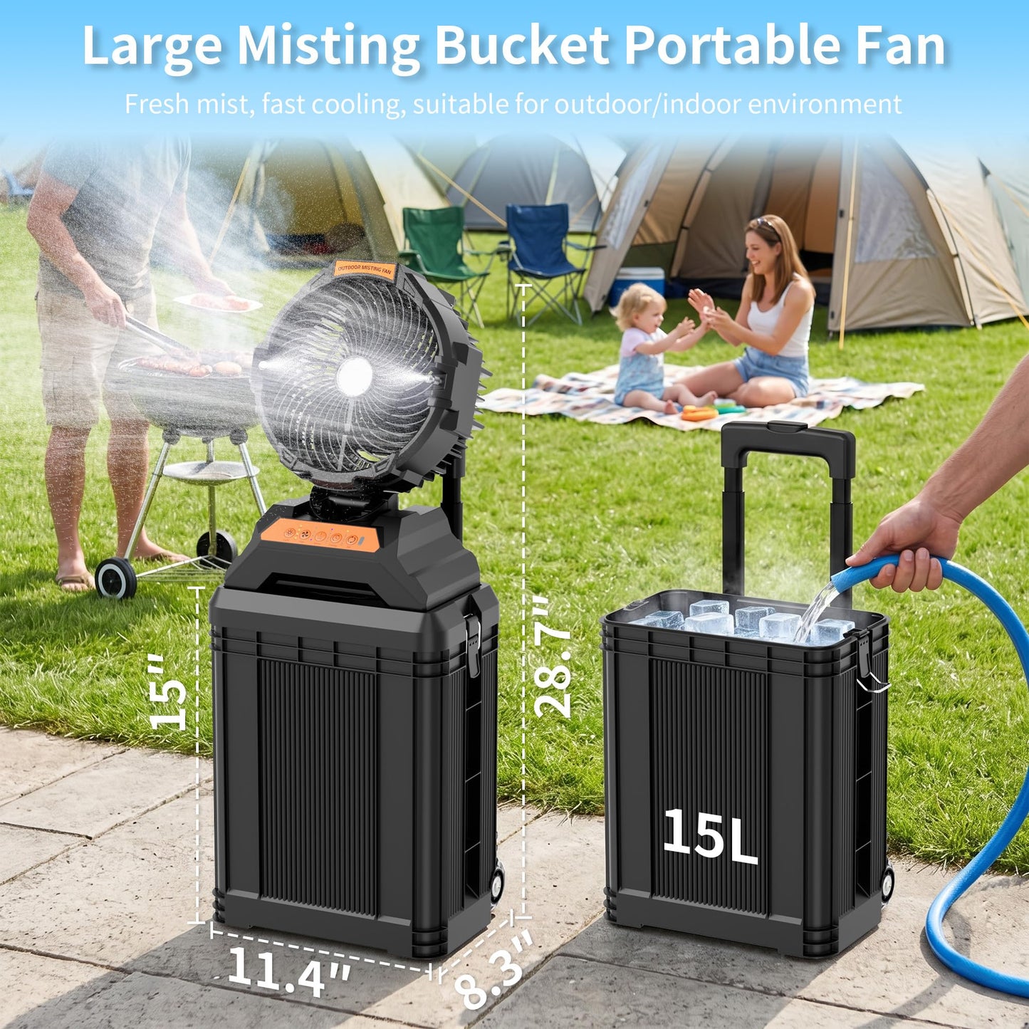 WESTTREE Misting Fan Portable with 15L Large Bucket, 4-in-1 Mist 8 Modes Spray Fan with Retractable Handle & Oscillating Outdoor Camping Fan,36H Runtime, 4-Level Wind Speed/Lighting for Tent