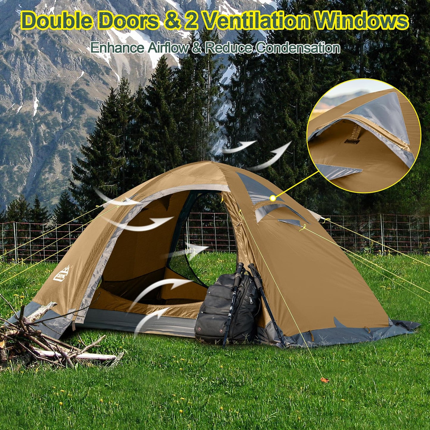 Camppal 2 Person Backpacking Tent, Waterproof 4 Season Tent, Windproof Rainproof Cold Weather Winter Tent for Camping, Hiking, Hunting, Motorbiking, Cycling - Khaki