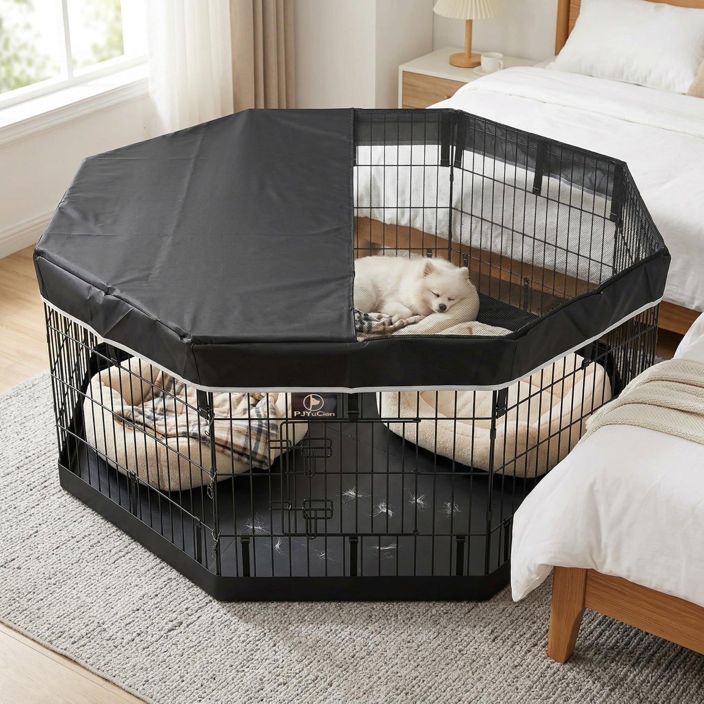 PJYuCien Octagonal Dog Playpen with Top Cover and Bottom Pad - Metal Foldable Exercise Pen, 8 Panels 24" H x 24" W Indoor Outdoor Pet Fence Puppy Crate Kennel, Black