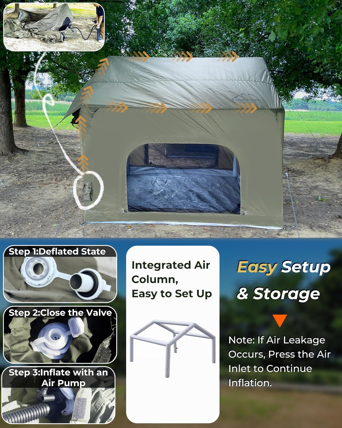 Inflatable Camping Tent for 3-4 Person, Oxford Fabric Blow Up Tent with Skylight, Easy 5-Minute Setup Air Tent, Waterproof Glamping Tent with Large Door & Windows for Family Camping, Festivals