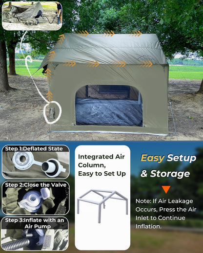 Inflatable Camping Tent for 3-4 Person, Oxford Fabric Blow Up Tent with Skylight, Easy 5-Minute Setup Air Tent, Waterproof Glamping Tent with Large Door & Windows for Family Camping, Festivals
