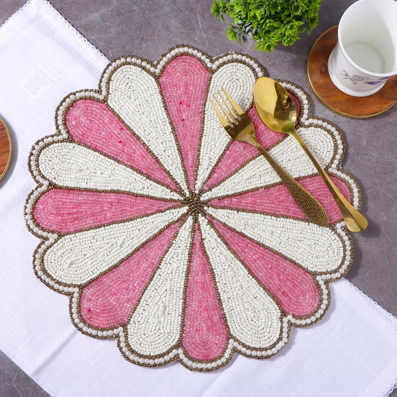 Decorative Beaded Table Mat - 13-Inch Placemat for Dining & Coffee Tables - Handcrafted Beaded Charger Plate - Elegant Place Mat for Dinner Parties & Home Décor (Pink White) - ALPHA Living HOME