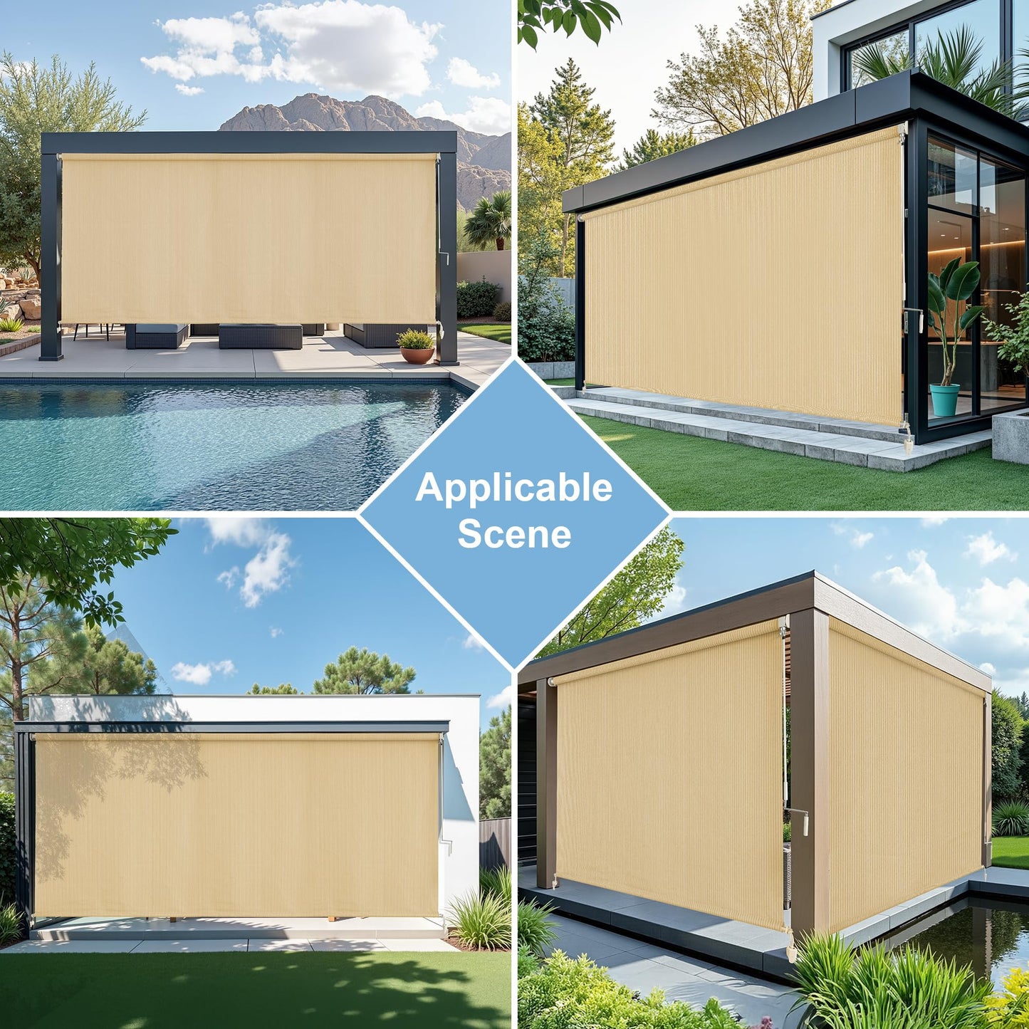 AOSKY Outdoor Roller Shades, Cordless Patio Shades Roll Up Outdoor Blinds, Roller Blinds Cloth for Porch Pergola Balcony Backyard Windows, 96" W x 96" H, Wheat