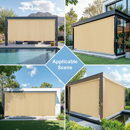 AOSKY Outdoor Roller Shades, Cordless Patio Shades Roll Up Outdoor Blinds, Roller Blinds Cloth for Porch Pergola Balcony Backyard Windows, 96" W x 96" H, Wheat