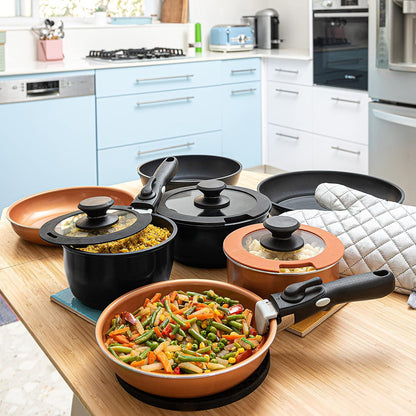 Moss & Stone Nonstick Cookware Set - 10-Piece Space-Saving Pans with Removable Handles | RV & Induction Ready