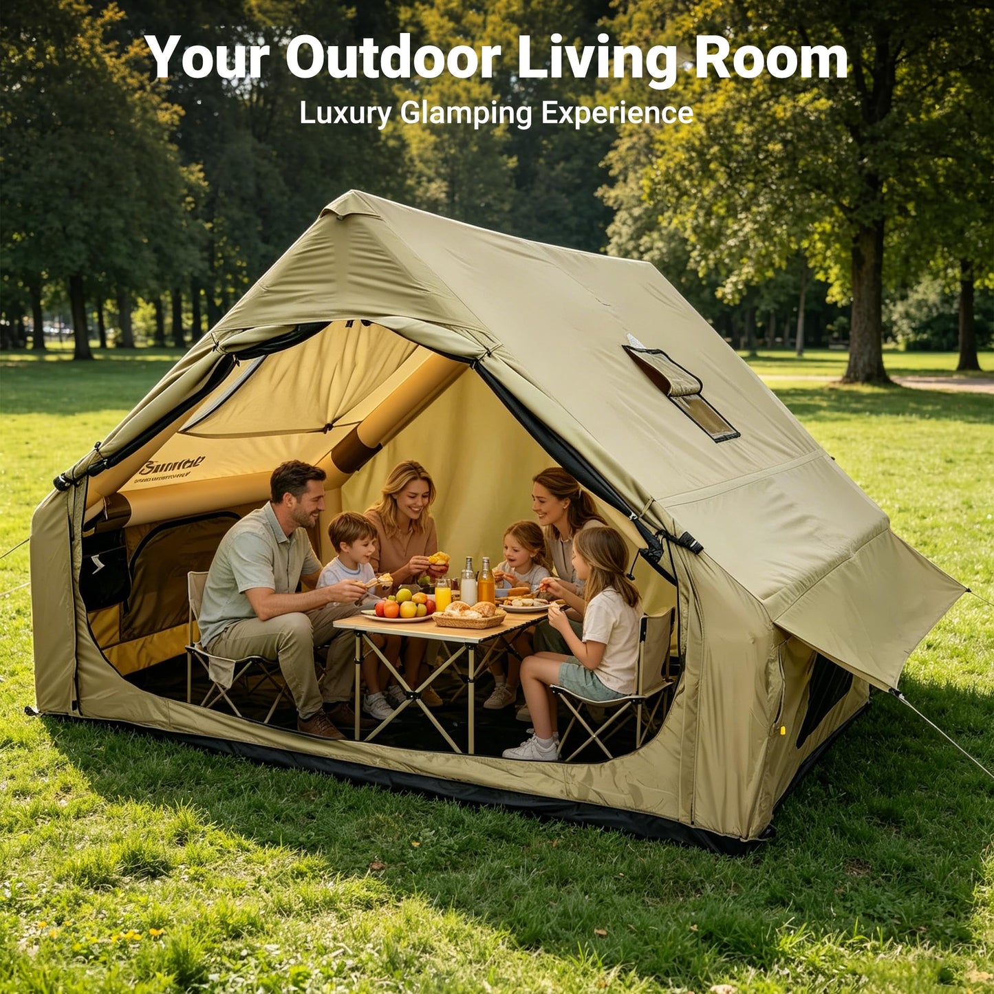 Inflatable Glamping Camping Tent 4-6 Person, 5 Min Quick Setup Tent with Pump, Waterproof Windproof Heavy Duty Oxford, Panoramic Skylight, 4 Season Family Outdoor Shelter