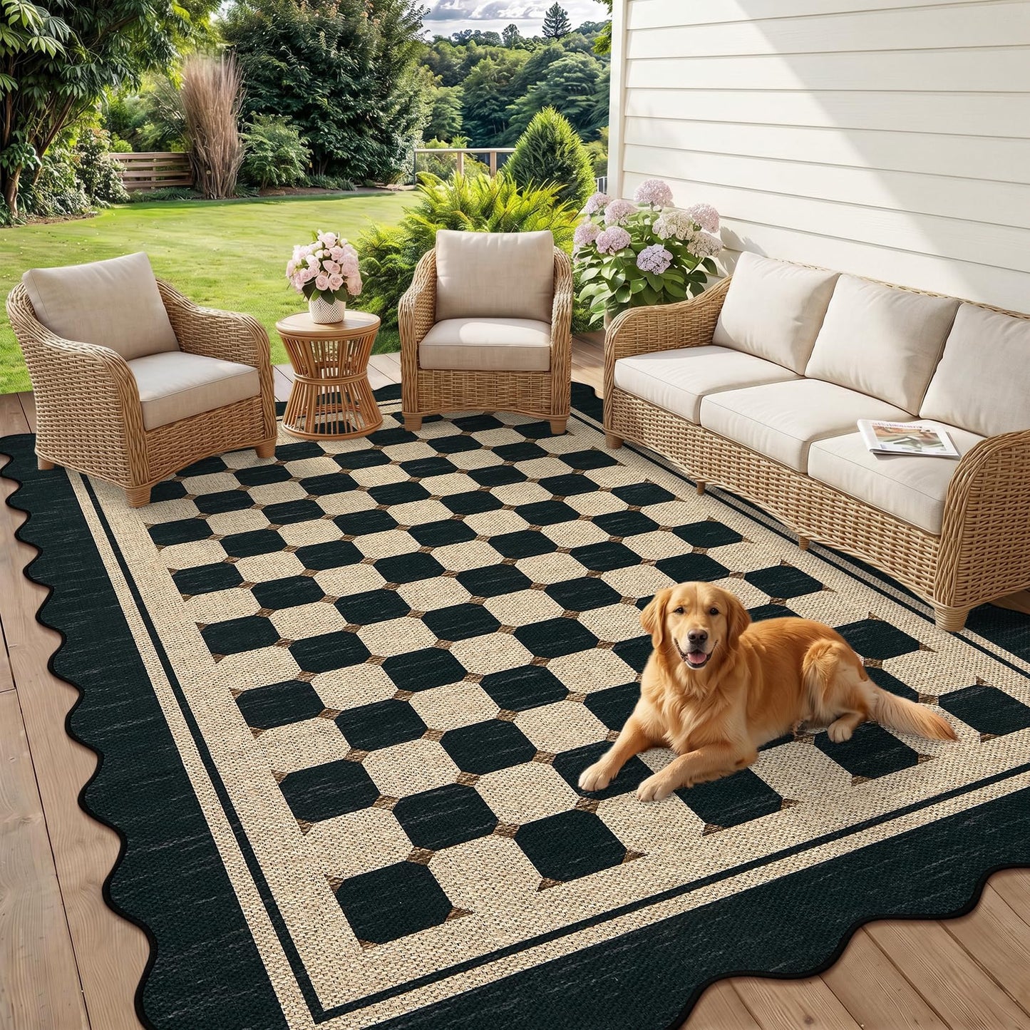 Garvee Easy Jute 9x12 Large Area Rug for Living Room Scalloped Checkered Black Indoor Outdoor Rugs Non Slip Low Pile Patio Outdoor Rugs Washable Carpet for Porch Bedroom Living Room Backyard, 9'x12'