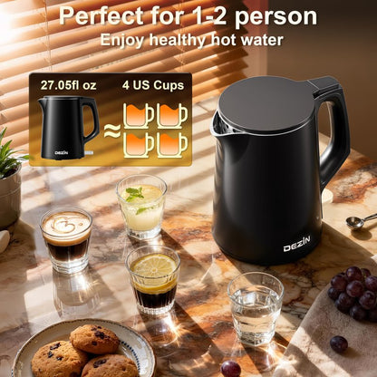 Dezin 0.8L Electric Kettle, Small Electric Kettle with Double Wall Construction, 304 Stainless Steel Electric Tea Kettle for Business Trip, Portable Travel Kettle with Auto Shut-Off