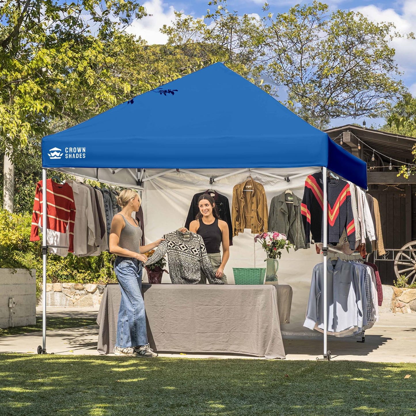 CROWN SHADES 10x10 Pop Up Commercial Canopy Tent, Patented One Push Setup, Heavy Duty Vendor Tent, 1 Removable Sidewall, 4" Wheels, STO-N-Go Bag, 400D Silver Coated, UPF 50+ Waterproof, Blue