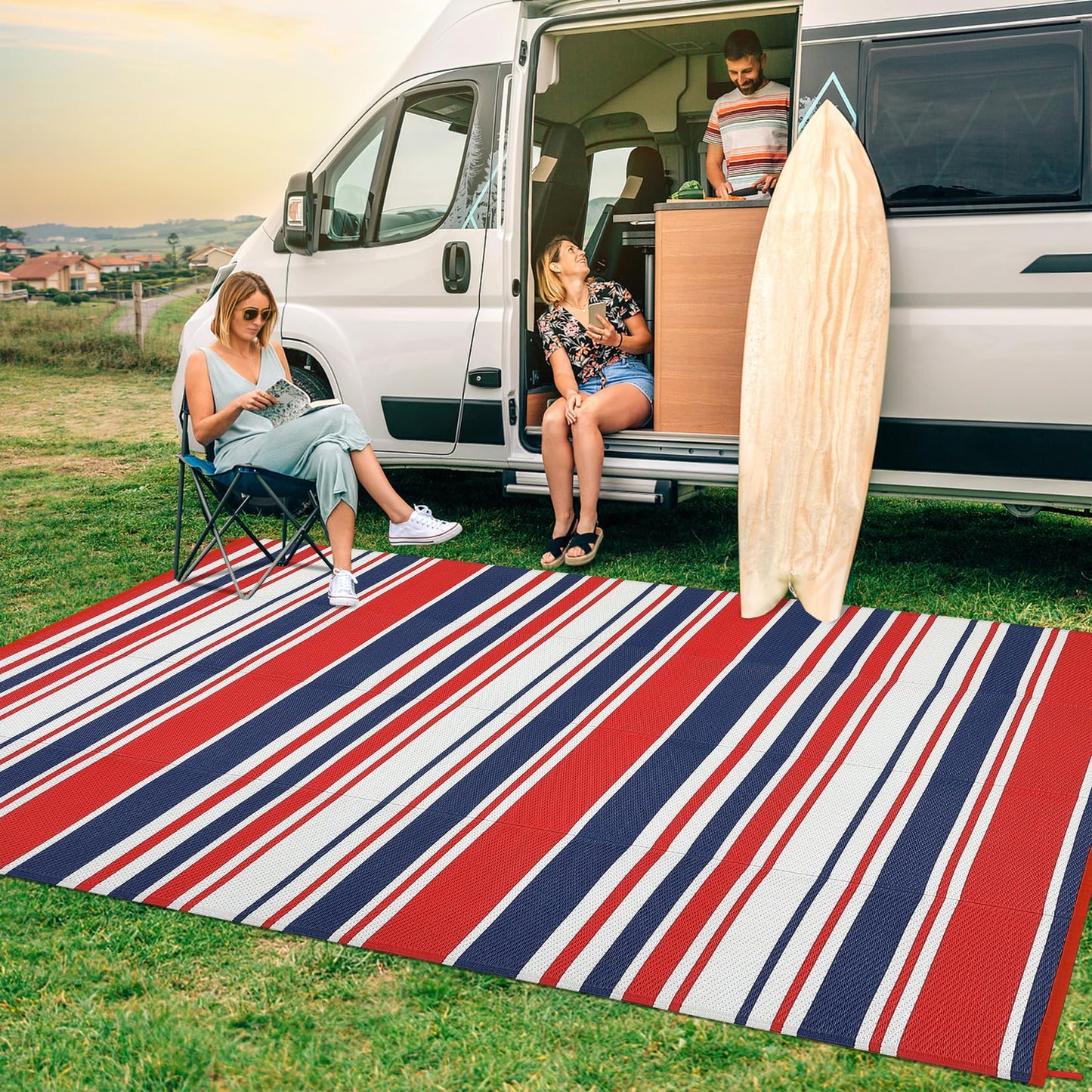 GAOMON 10x20 Outdoor Rug Waterproof for Patio Plastic Straw Large Rug Geometric Stripe Indoor Outdoor Area Rug Modern Lines Outdoor Camping Rugs for RV Porch Deck Backyard Balcony, Red Navy White