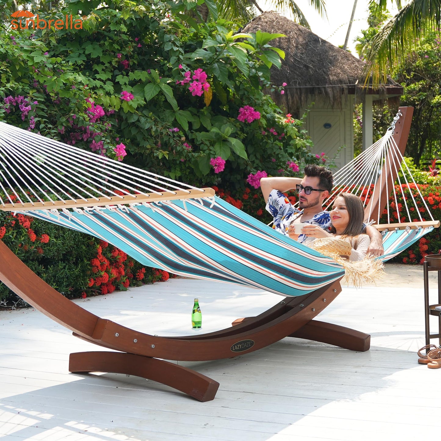 Lazy Daze Hammocks 12 FT Sunbrella Fabric Hammock Non-Fading with Spreader Bars and Free Pillow Fits for 2 Persons, All Weather and Fade Resistant for Patio Yard, 450 lbs Capacity, Token Surfside