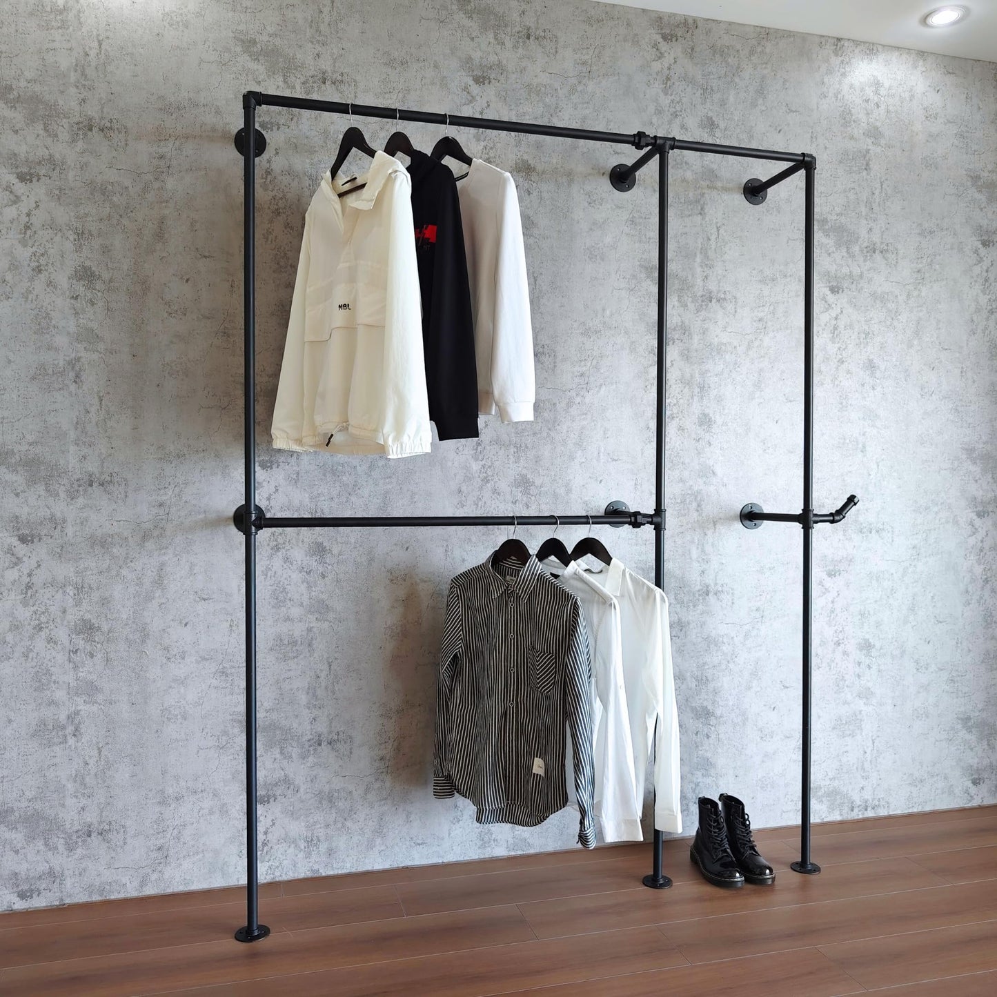 Anynice Black Industrial Pipe Clothing Rack 62.5" W Wall Mounted, Heavy Duty Iron Garment Rack 150 lbs per Rod, Open Closet Organizer for Bedroom Laundry Room Retail Display
