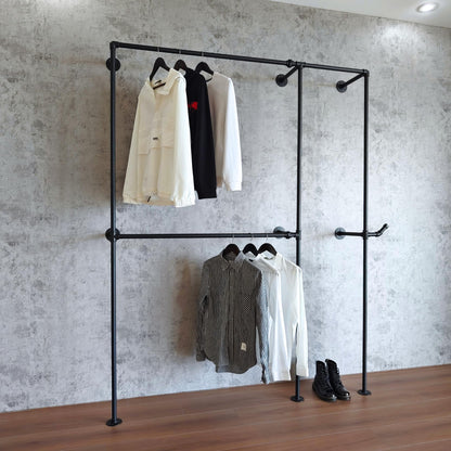 Anynice Black Industrial Pipe Clothing Rack 62.5" W Wall Mounted, Heavy Duty Iron Garment Rack 150 lbs per Rod, Open Closet Organizer for Bedroom Laundry Room Retail Display