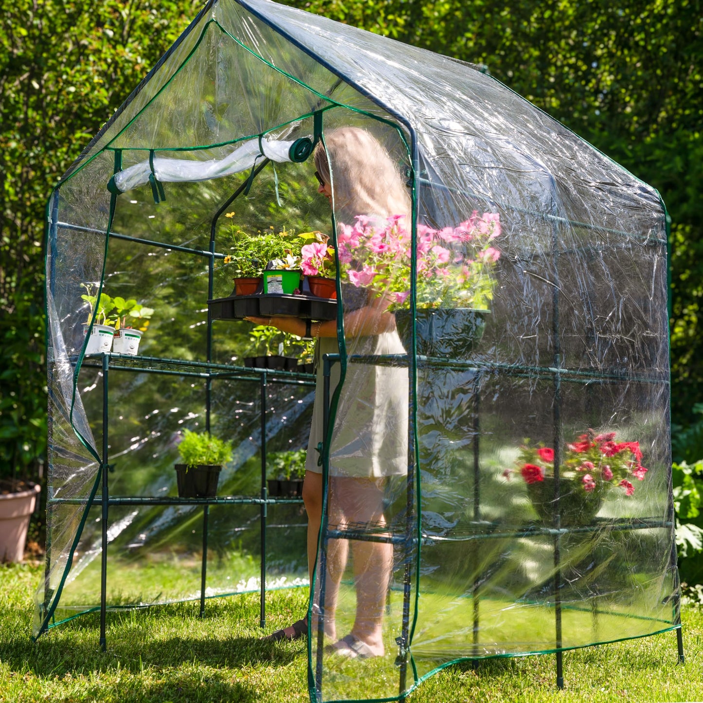 Sunnydaze Portable Outdoor Grandeur Walk-in Greenhouse with 4 Steel Wire Shelves and Roll-Up Door - Clear