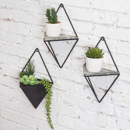 MyGift Indoor Wall Planter and Wooden Wall Display Shelves with Black Metal Frames Metal, 3-Piece Set