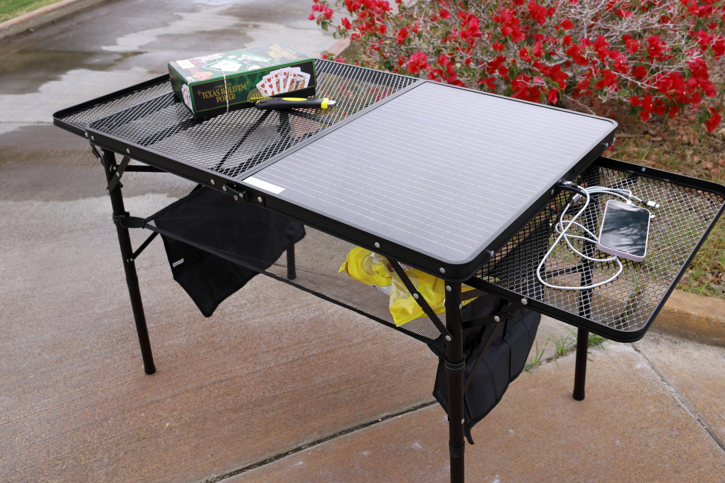 Nice C Camping Table, Ourdoor Folding Grill Table, Tailgate Tables, Solar Panel Tables with USB Type-C&DC Charging Cable, 42W Portable Solar Charger, 2 Side Shelves, with Mesh Net&Cup Holders