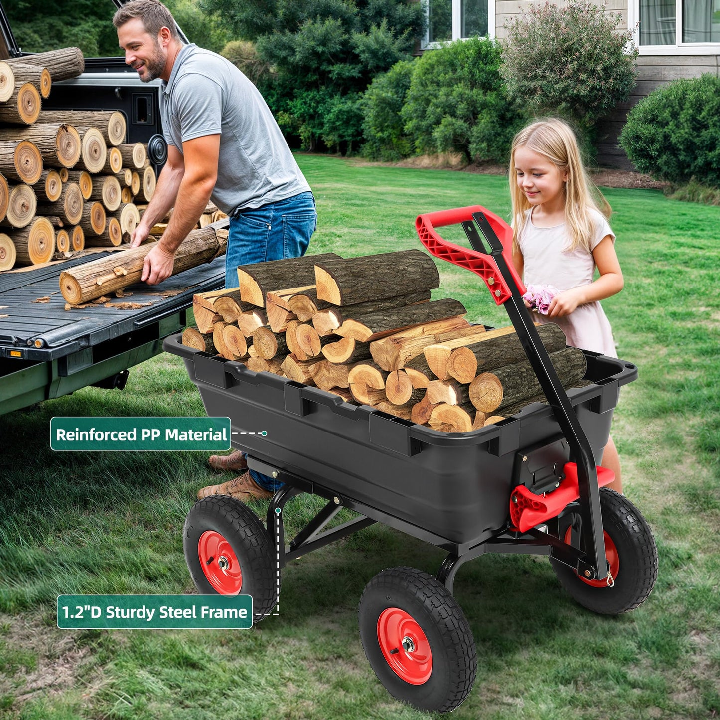 1200lbs Garden Dump Cart,Ultym Heavy Duty 7 Cu.Ft Trailer Dump Cart with Hitch,Garden Dump Wagon with 13" All Terrain Wheels & 2-in-1 Handle,Tow Behind for Lawn Mower Tractor ATV