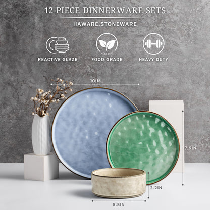 HaWare Dinnerware Sets, 12-Piece Plates and Bowls Set, Stoneware Dish Set for 4, Ceramic Dinnerware for Home Restaurant, Chip and Scratch Resistant, Microwave and Dishwasher Safe, Multicolor