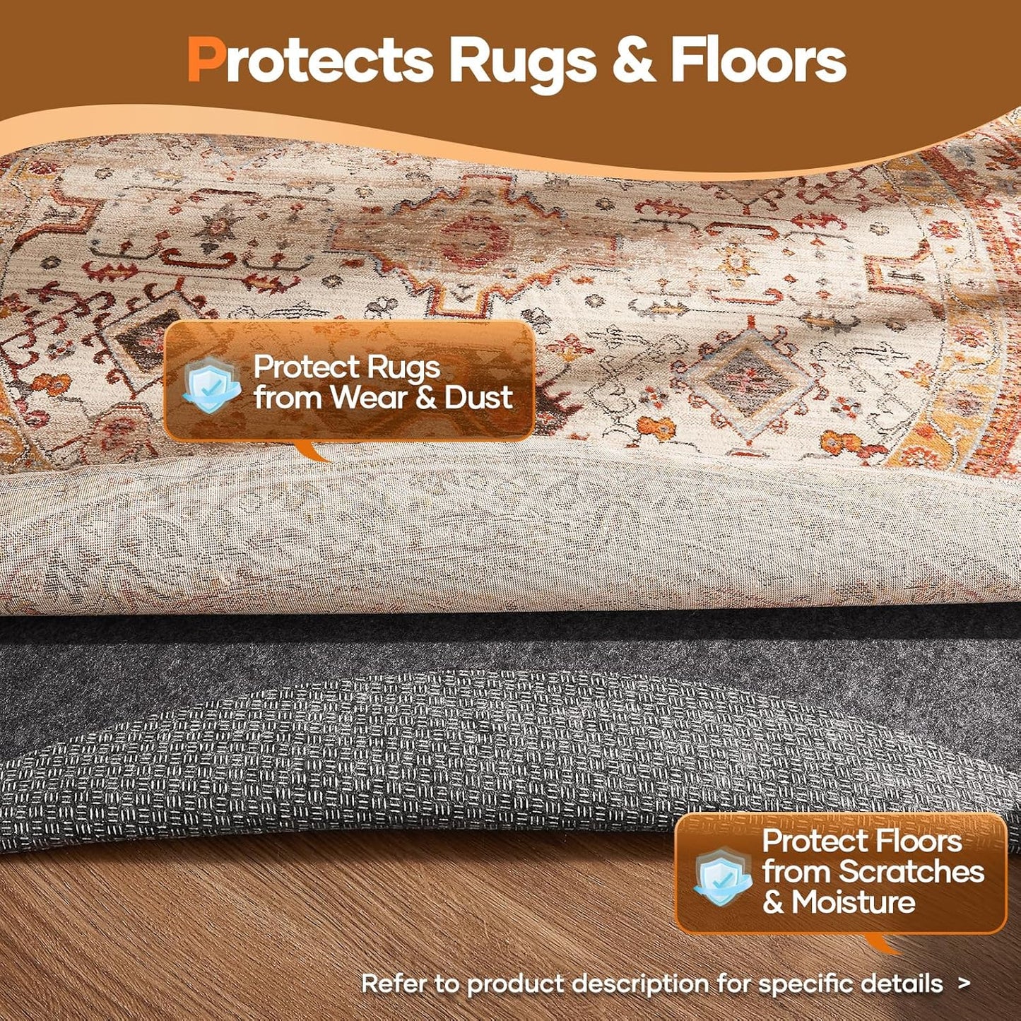 Veken Round Non-Slip Rug Pad - Cushioned Felt & Silicone Backing, 5 Ft, 1/8" Thick for Hardwood Floors