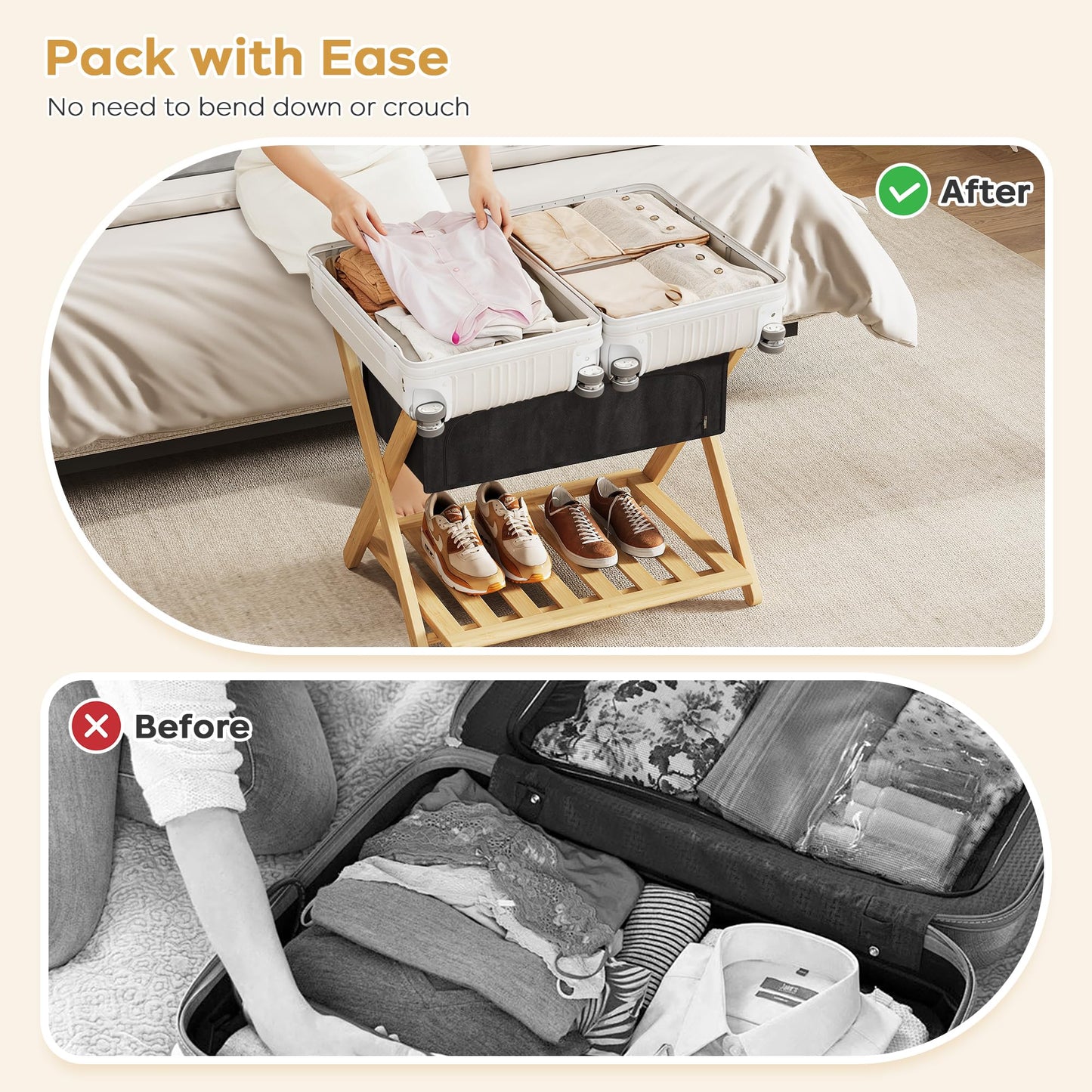 Full Assembled 26.77"L Luggage Rack for Guest Room, Set of 2 Foldable Suitcase Stand with 5 Nylon Straps & Cloth Bag, Luggage Stand Holder with Shoe Shelf for Suitcases Hotel (Natural Wood Bamboo)