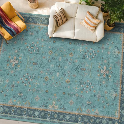 Boho 9x12 Large Teal Green Washable Rug - Vibrant Turquoise Carpet for Living Room, Bedroom & Dining Room