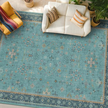 Boho 9x12 Large Teal Green Washable Rug - Vibrant Turquoise Carpet for Living Room, Bedroom & Dining Room