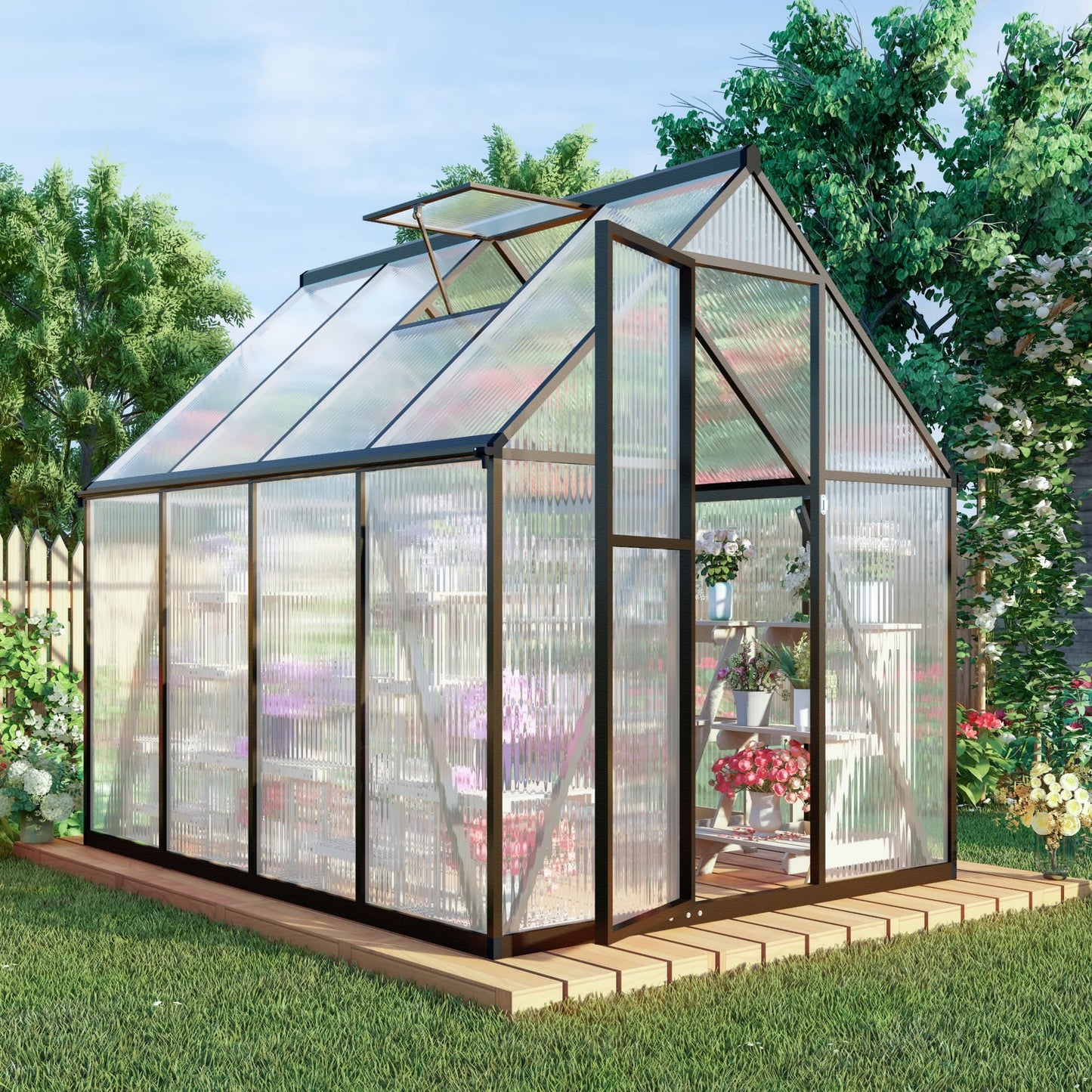 Jiliusure 6 x 8 FT Greenhouse for Outdoors, Polycarbonate Greenhouse with Quick Setup Structure and Roof Vent, Aluminum Large Walk-in Green House for Outside Garden Backyard, Dark Gray