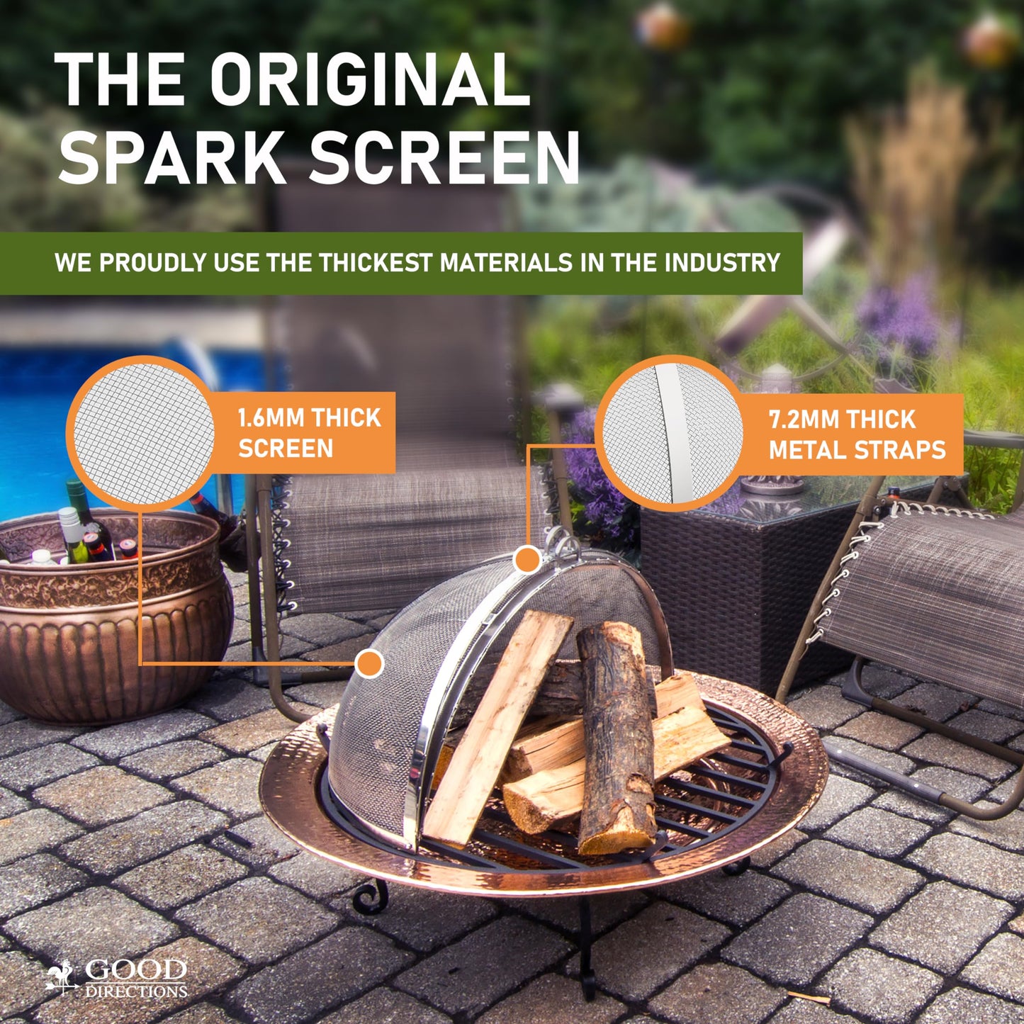 Good Directions Heavy Duty Fire Pit Spark Screen with Lifter, Stainless Steel, Hinged for Easy Access, 24 Inch Diameter