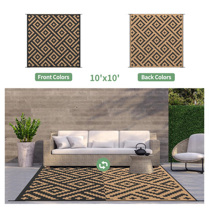 GENIMO Outdoor Rug Waterproof, 10' x 10' Reversible Plastic Straw Rugs, Lightweight Large RV Camping Mat for Patio, Deck, Camper, Balcony, Backyard, Picnic, Black & Brown
