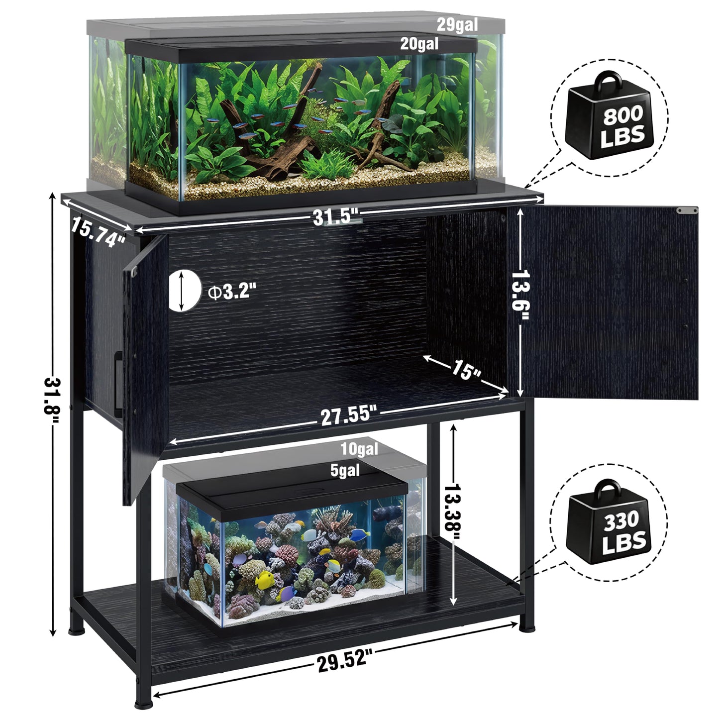 Hylemoros 20/29/30 Gallon Fish Tank Stand with Storage Cabinet Farmhouse Wood Aquarium Stand for Fish Reptile Heavy Duty Terrarium Stand for Living Room Entry Way Hallway Black