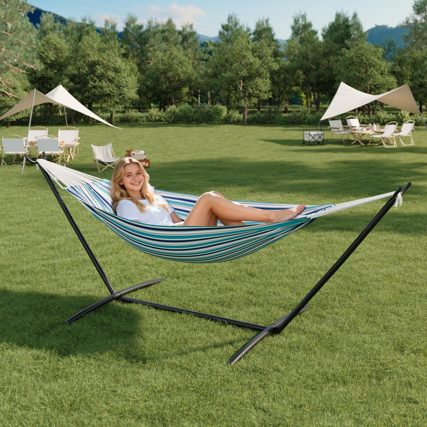 Hammock with Stand for Outside, Upgraded Carrying Case，Easy Assembly, Portable Space Saving Heavy-Duty Steel Frame，Perfect for Outdoor & Indoor, Blue Stripe