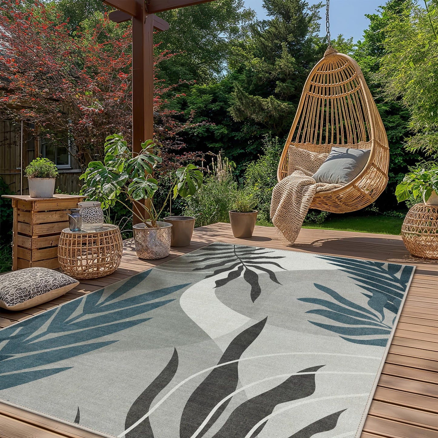 GENIMO Indoor Outdoor Area Rug 8' X 10' Waterproof, Washable Door Mat Non Shedding, Easy Cleaning Outdoor Carpet for Patio, Entryway, Porch, Bathroom, Living Room, Bedroom, Backyard, Blue&Grey