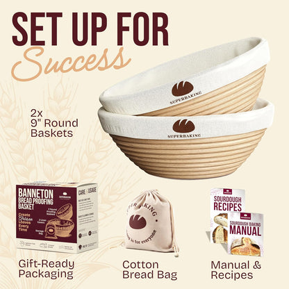 Superbaking Banneton Bread Proofing Basket Set - 9" Round Rattan with Liners for Perfect Sourdough Baking