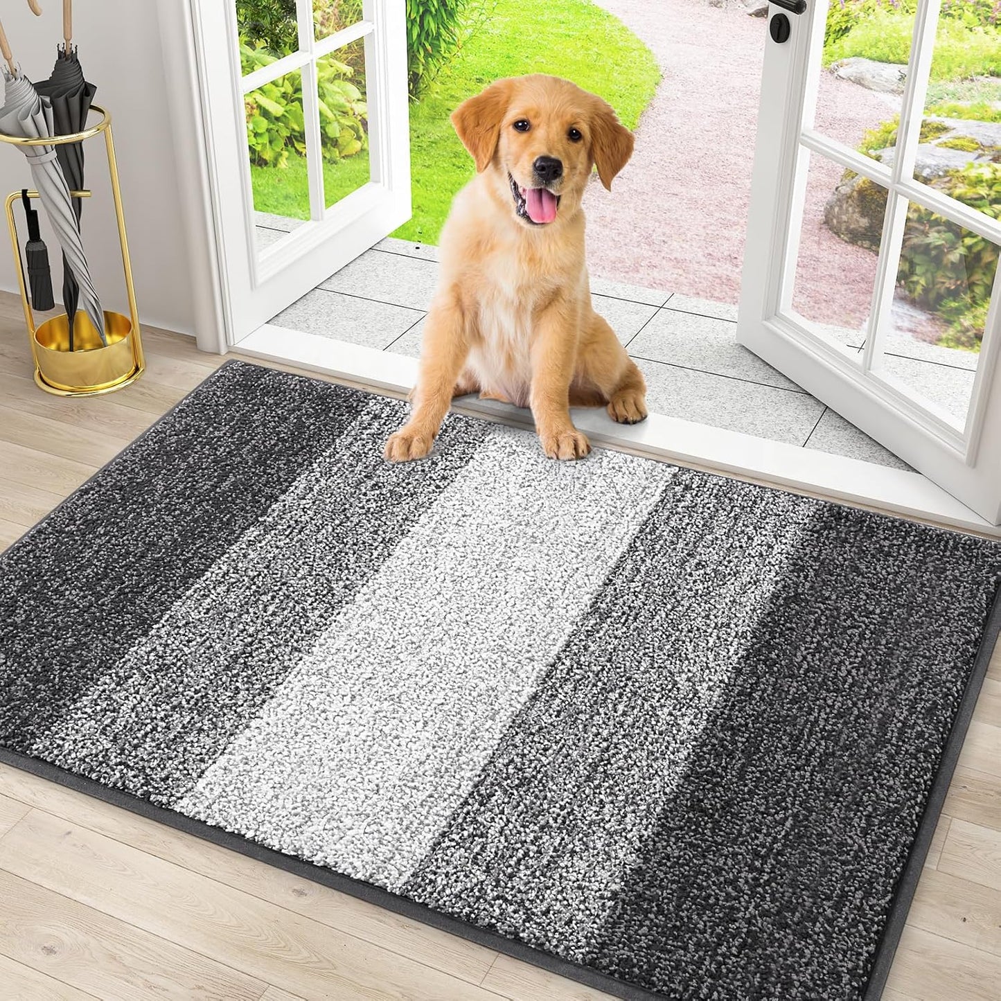 Smiry Dog Door Mat - Absorbent Indoor/Outdoor Mat for Muddy Paws | Non-Slip, Low-Profile Design (30x20 Inches, Grey Striped)