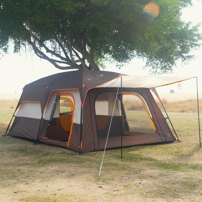 KTT Extra Large Tent 12 Person(A),Family Cabin Tents,2 Rooms,3 Doors and 3 Windows with Mesh,Straight Wall,Waterproof,Double Layer,Big Tent for Outdoor,Picnic,Camping,Family Gathering(Brown)