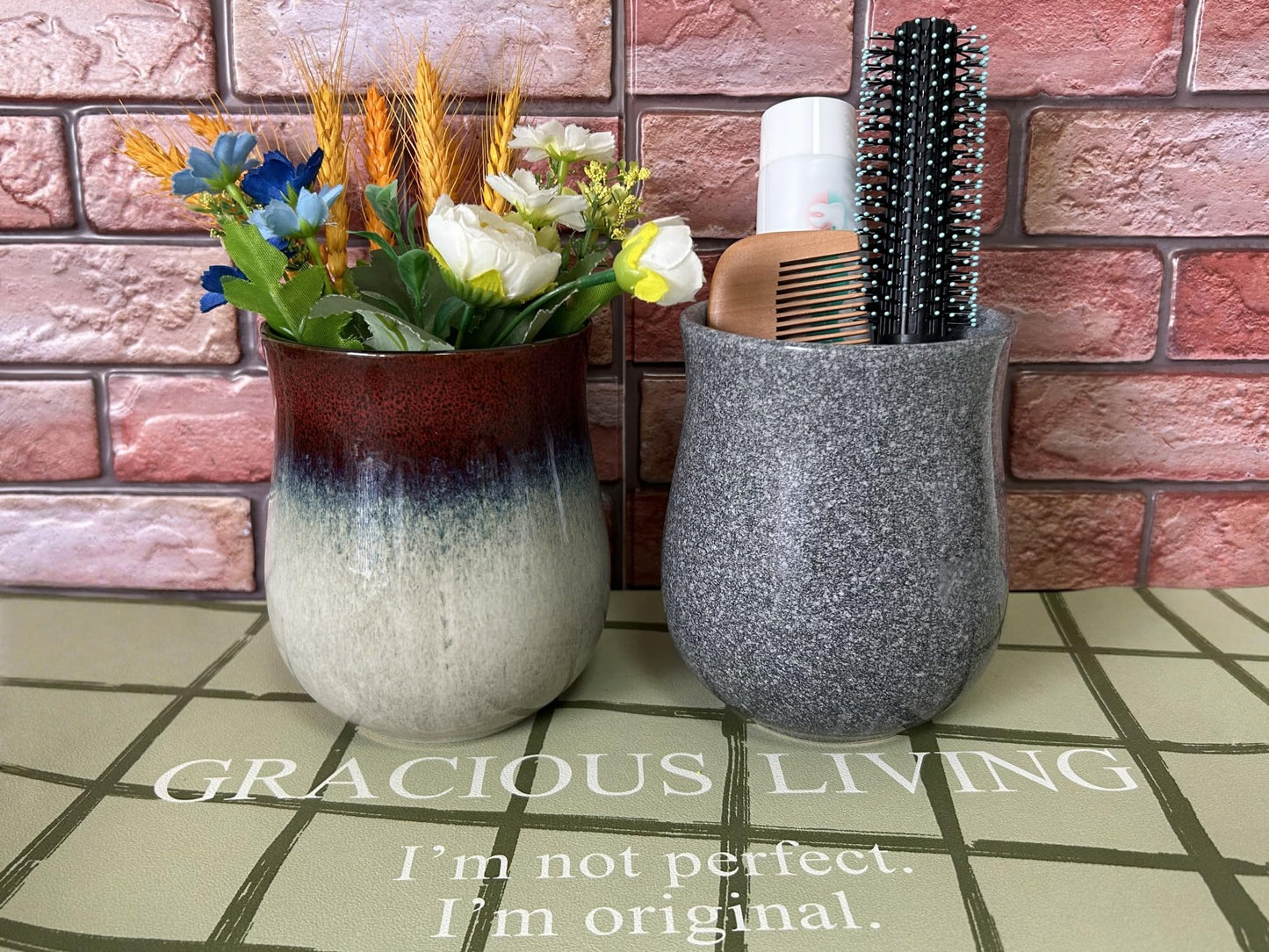 Rhobtyne Short Kitchen Utensil Holder for Kitchen Counter, Ceramic Small Utensil Crock & Vase & Holder for Cutlery Spatula Brush Silverware Cooking Utensil Holder (Retro Lavender Grass Green)