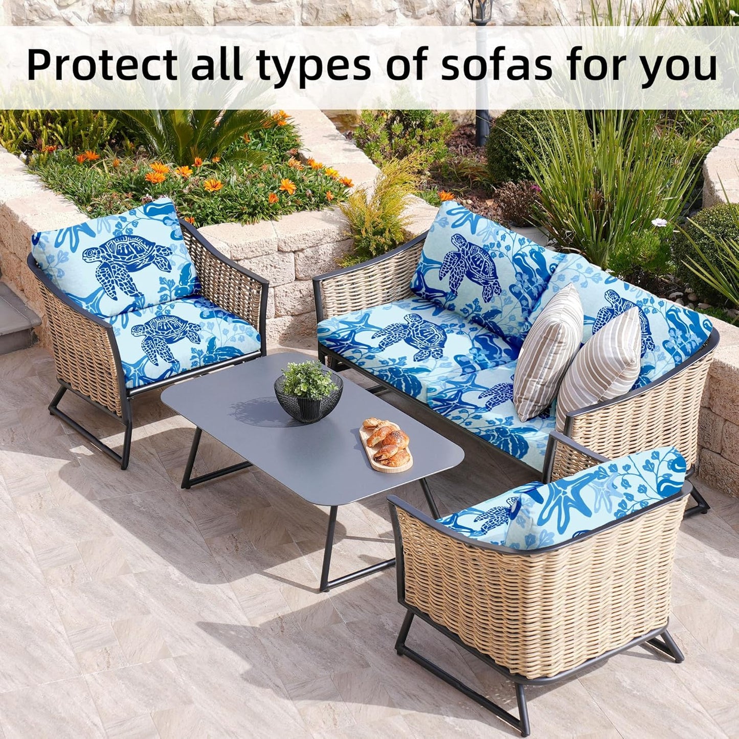 Skiennix 8-Piece Stretch Patio Cushion Covers - Washable Outdoor Sofa Slipcovers | Sea Turtle Design