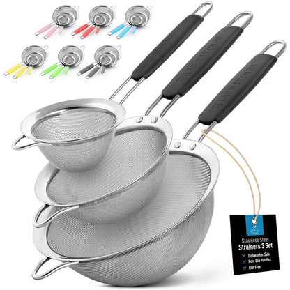 Zulay Kitchen Premium Stainless Steel Fine Mesh Strainer Set - Strainers For Kitchen (Set of 3) With Non-Slip Handles - Includes A Small, Medium & Large Fine Mesh Sieve Set - Durable Metal Strainer