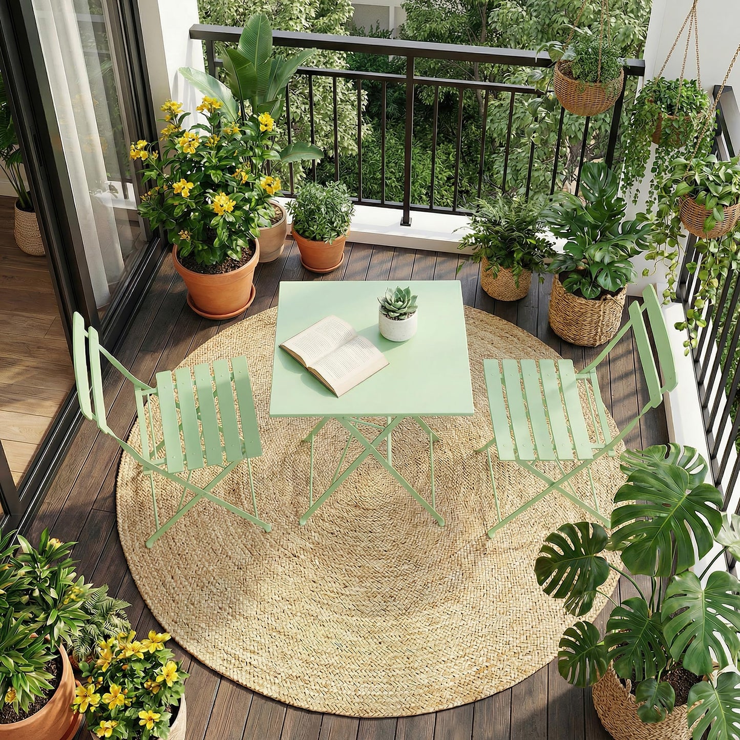 Garvee 3-Piece Patio Bistro Set – Metal Frame Folding Patio Furniture, Outdoor/Indoor Bistro Table and Chairs Set, No Assembly Needed, for Balcony, Yard, Garden, Green