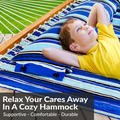 Sunnydaze Quilted Double Hammock for Outside with Spreader Bars and Pillow - 450 lb Capacity, 74x55 Inch Bed, UV Resistant, Quick Dry - Chains Included, Stand Sold Separately - Catalina Beach